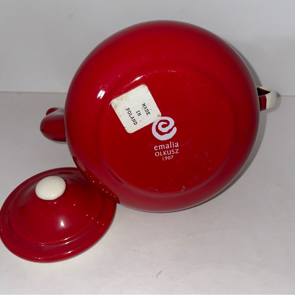 Red Enamelware Tea Kettle 1907 by Emalia Olkusz Stovetop Tea Pot Poland - Picture 3 of 10